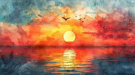 Watercolor painting of a vibrant sunset over the sea with birds in the sky, ai generated