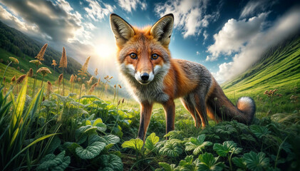Captivating scene of a fox in a lush meadow under a clear sky, showcasing its vibrant fur and alert stance, highlighting wildlife beauty and natural habitat preservation. 