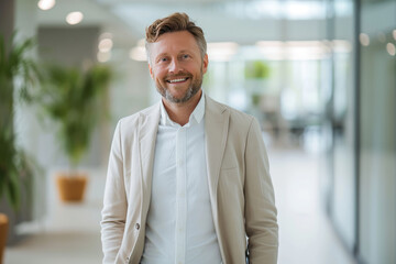 Fototapeta premium Successful businessman with a friendly smile wearing a light suit in a bright and airy office space