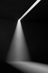 A black and white background with light coming through the building structure.