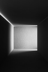 A black and white background with light coming through the building structure.