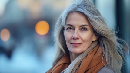 Obraz premium Beautiful woman with long grey hair looking into camera