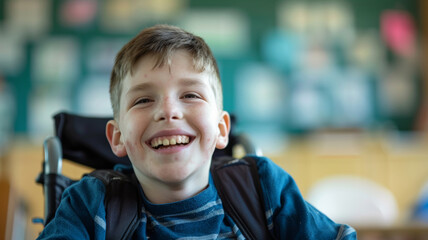 Joyful boy with a beaming smile, sitting in a wheelchair in a school setting.