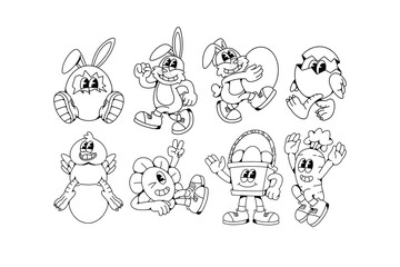 Doodle Retro Easter Mascot Character Illustration Set
