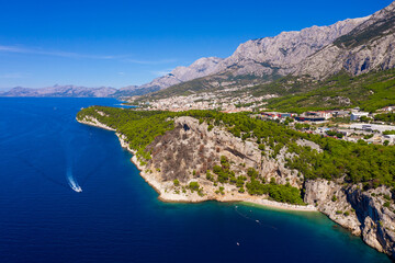 Aerial photography. Beautiful coastline, a passing boat from a bird's eye view near the city of...