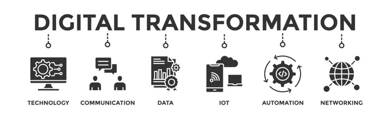 Digital transformation banner web icon illustration concept with icon of technology, communication, data, iot, ict, automation, internet, and networking