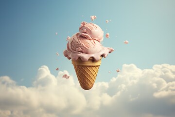 A funny creative concept of flying ice cream in a waffle cup with different flavors, pieces of...