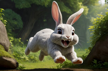Happy rabbit in jump in forest