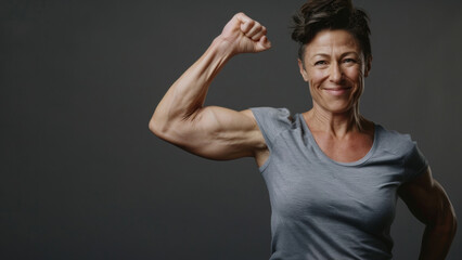 Confident mature woman flexing her muscles with pride in a gray studio backdrop. - obrazy, fototapety, plakaty