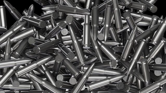 Realistic DOF camera 3D animation of the silver 7.62 mm assault rifle ammo falling from the top and filling the volume rendered in UHD with alpha matte