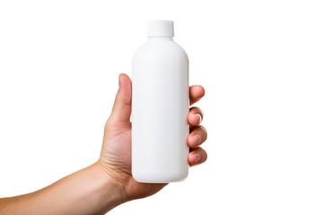 Person Holding White Bottle. A persons hand is gripping a white bottle, the fingers wrapped around its slender neck.