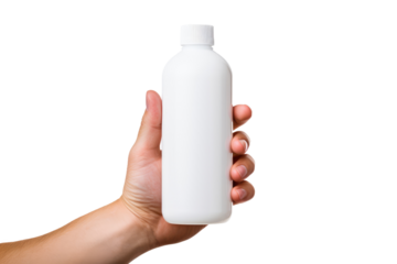 Person Holding White Bottle. A persons hand is gripping a white bottle, the fingers wrapped around its slender neck.