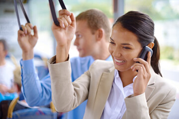 Business people, transport and phone call on bus, smile and hand strap for urban commute....