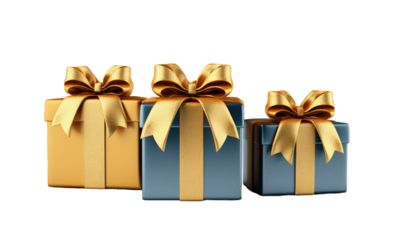 Three Blue Boxes With Gold Bows. Three blue boxes with elegant gold bows neatly placed side by side, creating a visually pleasing arrangement.