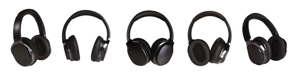 A set of black wireless headphones on a white isolated background