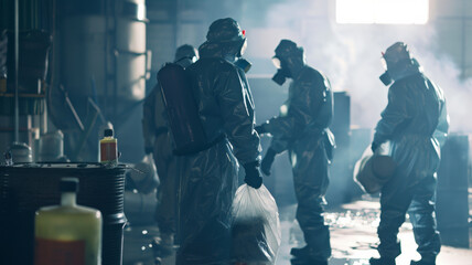Hazmat team in action during a mysterious industrial chemical spill operation. - obrazy, fototapety, plakaty