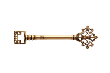 Golden Door Handle With Key. A golden door handle with a key inserted in it, indicating ready access. The shiny metal reflects light, showcasing intricate details.