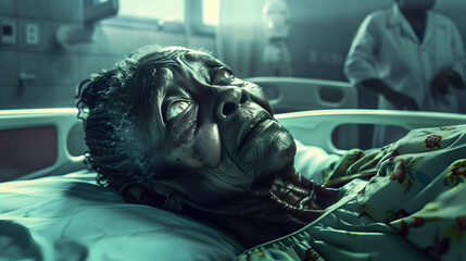 african old woman lying on the bed in the hospitals and the doctors in the background - obrazy, fototapety, plakaty