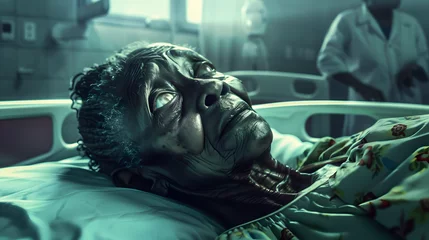 Fotobehang african old woman lying on the bed in the hospitals and the doctors in the background © john