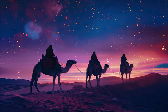 three wise men on camels in desert with the star lights