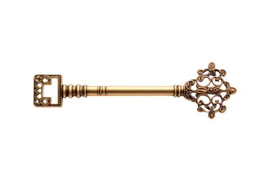 Golden Door Handle With Key. A golden door handle with a key inserted in it, indicating ready access. The shiny metal reflects light, showcasing intricate details.