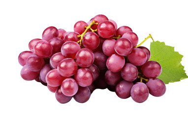 A cluster of fresh grapes with a single green leaf attached to a stem. The grapes are plump and glossy, showcasing their vibrant purple hue alongside the lush green leaf.