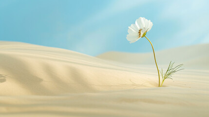  a clean composition depicting a single, vibrantly colored flower blooming amidst a vast expanse desert sand