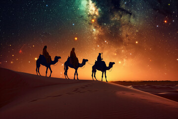 three wise men on camels in desert with the star lights