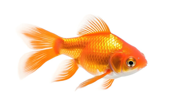 A single goldfish with shimmering scales and flowing fins gracefully swims in a white background. The fishs bright orange color contrasts beautifully against the stark white setting.