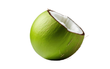 Half of a Green Coconut. A green coconut cut in half, exposing its fresh, juicy interior. The coconut is a vibrant green color, with visible coconut meat and water inside.