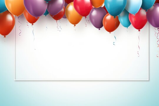 Colorful balloons with strings forming a border around the text area