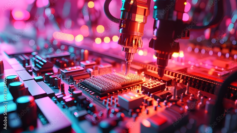 Poster close-up of a high-precision robotic arm soldering on a microchip, a depiction of cutting-edge techn