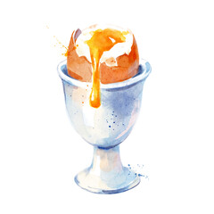 Watercolor illustration soft boiled egg. Vector isolated painting of fresh organic food breakfast