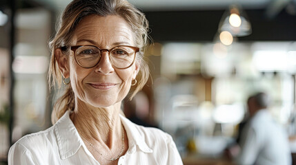 Fototapeta premium Confident mature woman with glasses, smiling indoors with a blurred background.