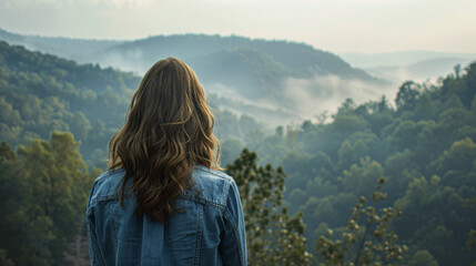 Woman in denim gazing at a fog-covered forested mountain range, a moment of serenity. - obrazy, fototapety, plakaty