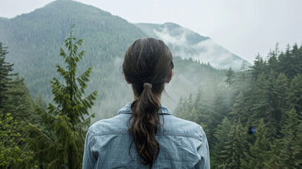 Woman in denim gazing at a fog-covered forested mountain range, a moment of serenity. - obrazy, fototapety, plakaty