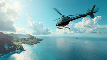 A helicopter hovers above a breathtaking tropical coastline, showcasing the vastness and serenity of nature.