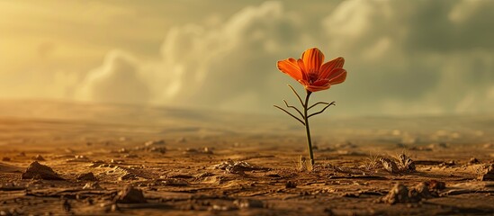 A single, vibrant orange flower stands out in the harsh desert landscape, surrounded by dry, arid soil. The image depicts a scene of perseverance and hope in a challenging environment.