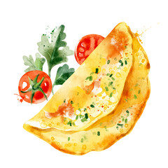 Watercolor illustration omelette with vegetables. Vector isolated painting of fresh organic food breakfast - 747877682