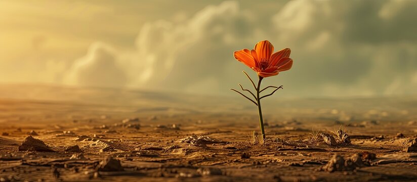 A single, vibrant orange flower stands out in the harsh desert landscape, surrounded by dry, arid soil. The image depicts a scene of perseverance and hope in a challenging environment.
