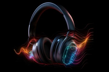 Concept of music headphones technology, AI generated, Neon-lit headphones with an electro house sound track