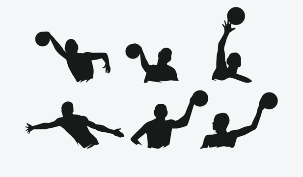 set of silhouettes of water polo players with different poses, gestures. isolated on white background. vector illustration.