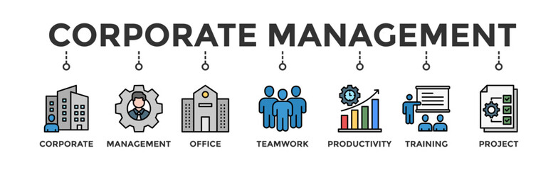 Corporate management banner web icon illustration concept with icon of corporate, management, office, teamwork, productivity, training and project