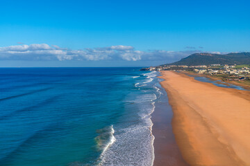 Aerial view of a beautiful beach on the Moroccan Atlantic Coast in Tanger, Morocco