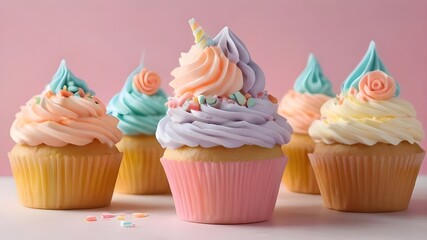 Vanilla Cupcakes Decorated With Pastel Colorful Frosting  And Sprinkles.Generative AI