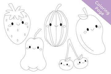 Cute fruits coloring page for kids black and white outline cartoon vector. Printable coloring page template cartoon vector.
