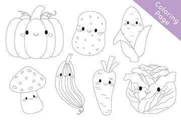 Cute vegetables coloring page for kids black and white outline cartoon vector. Printable coloring page template cartoon vector.
