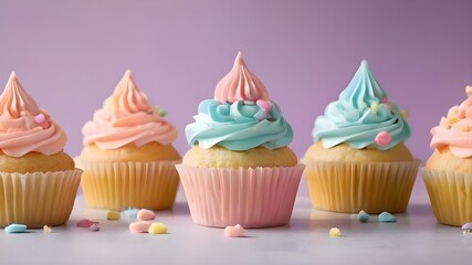 Vanilla Frosted Cupcakes With Pastel Rainbow Colors.Generative AI