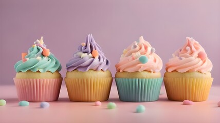 Cupcakes With Pastel Colorful Frosting And Sprinkles.Generative AI