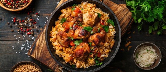 A top view of a plate filled with homemade chicken kabsa rice, a popular Arabian dish, accompanied by flavorful meat and assorted vegetables. - obrazy, fototapety, plakaty